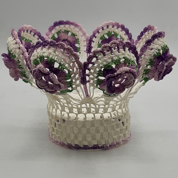 Vintage Handmade Crochet & Starched Floral Basket on a Stand 5 1/2" High - Picture 1 of 9